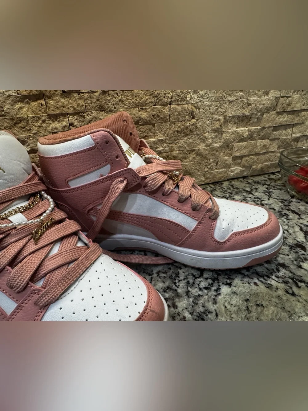 PUMA women’s size 9 Pink and White High-Top Sneakers with bling
